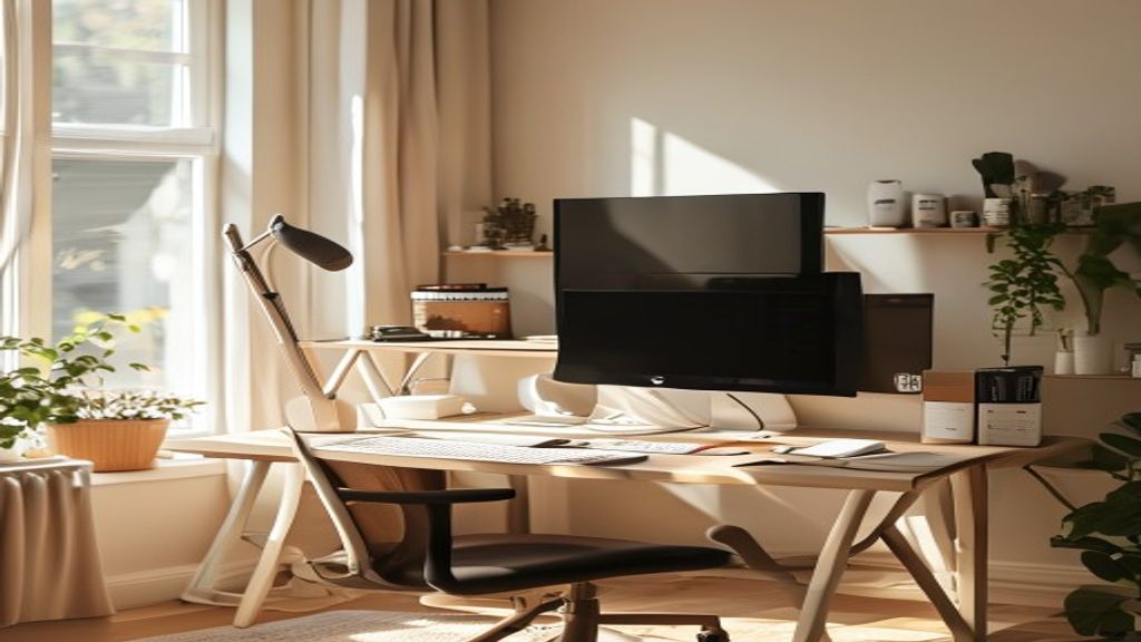 A well-organized home office with monitor at eye level, proper chair height, and natural lighting
